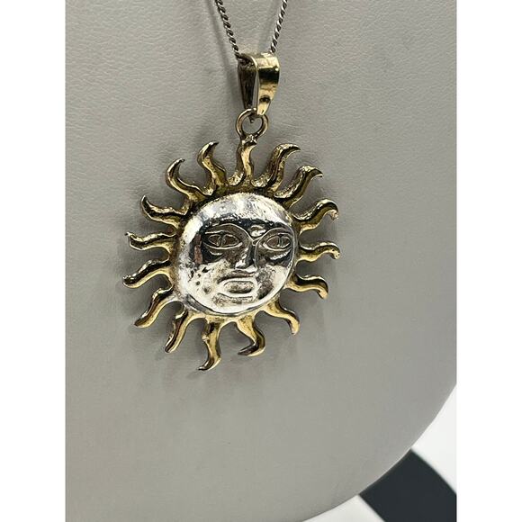 Mexico Vintage Handmade Sterling and Gold Sun Face Two Tone Pendant Necklace - Picture 12 of 13